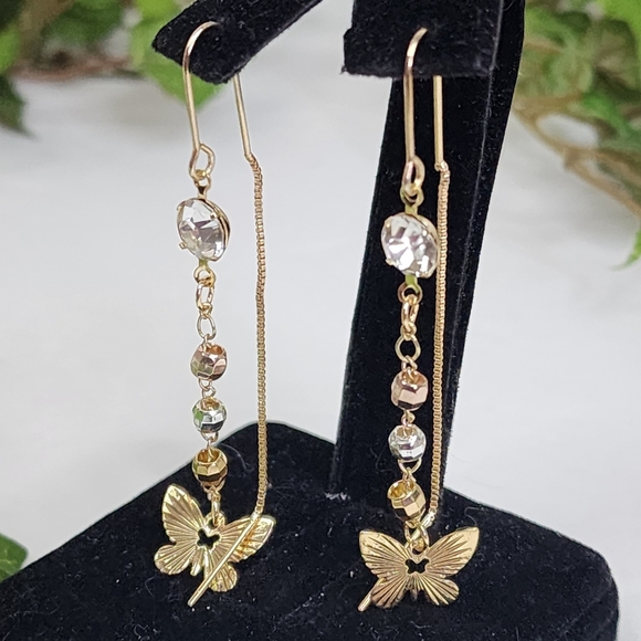 Gold Filled Threader Earrings Dangle Butterfly with Zirconia - Picture 7 of 8
